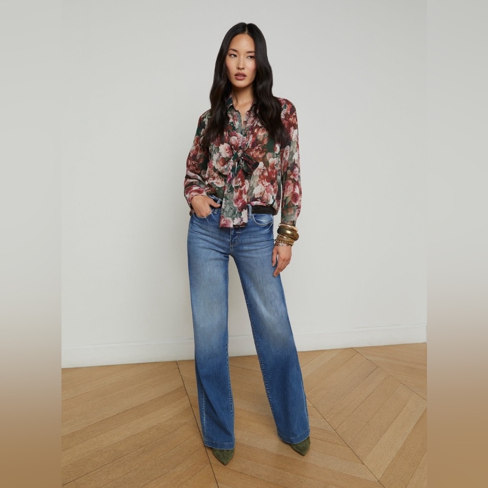 NWT L'agence Basil Floral Long Sleeve Shirt with Scarf - Picture 1 of 7